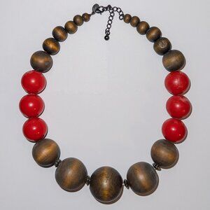 Express Chunky Wooden and Red Round Bead Graduated Necklace 17”
